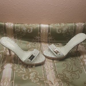 BCBGirls Open toe cork stiletto heel gold detail